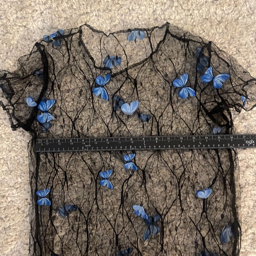 SHEIN Sheer Butterfly Mesh Top Black Blue Size S Y2K - Picture 4 of 7